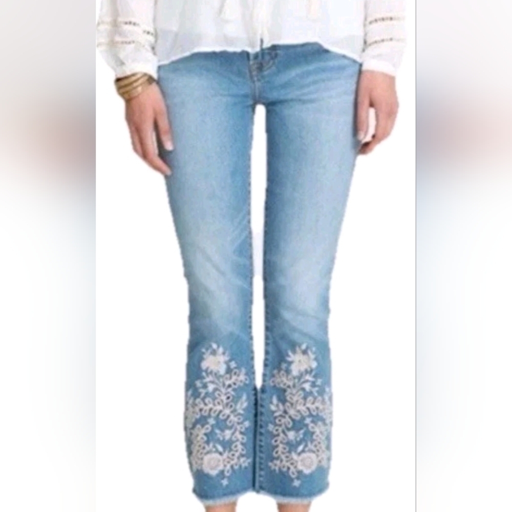 Johnny Was Jeans Womens 25 Bohemian Cropped Baby Boot Embroidered Floral Eyelet